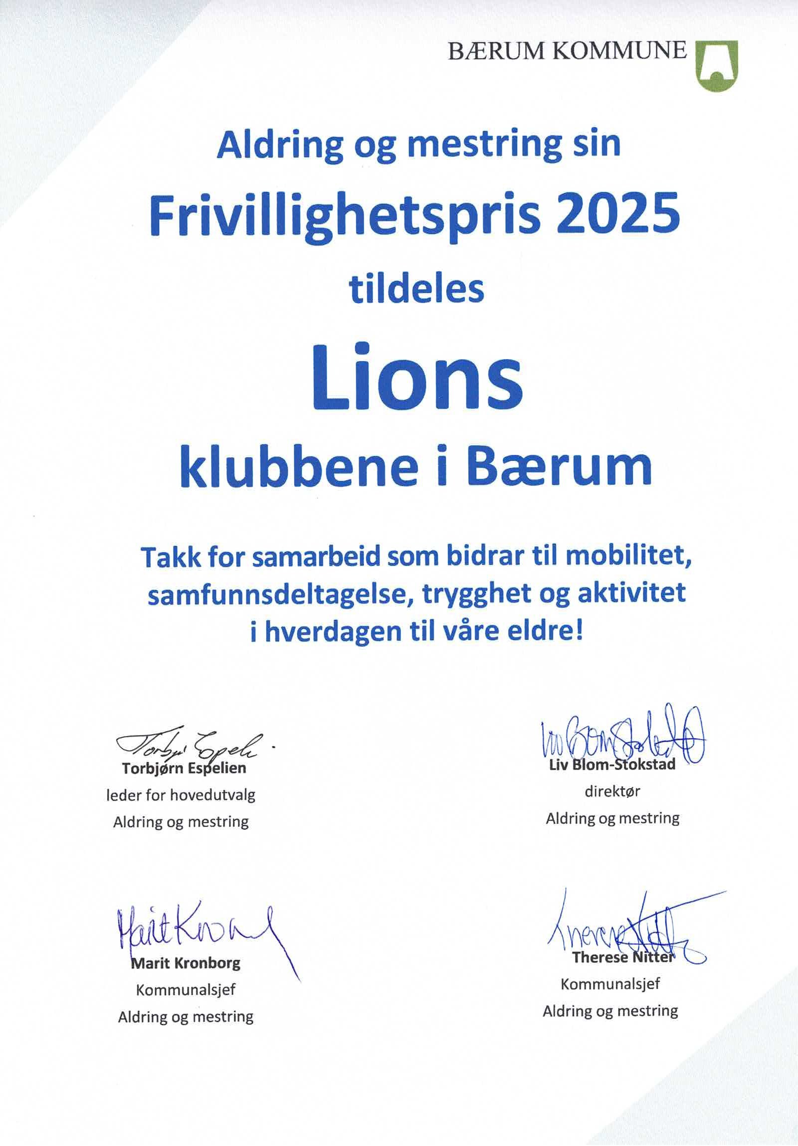 Frivillighetspris til Lionsklubbene i Bærum